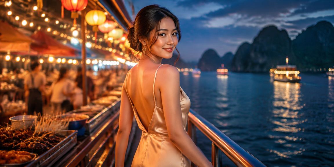 Quang cảnh sôi động của chợ đêm Ha Long Bay với ánh đèn neon